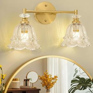 Vintage Bathroom Light Fixtures Over Mirror, Vanity Light for Bathroom,2 Light Brass Vanity Light with Flower Glass LampShade for Bedroom Living Room Hallway 2-Light)