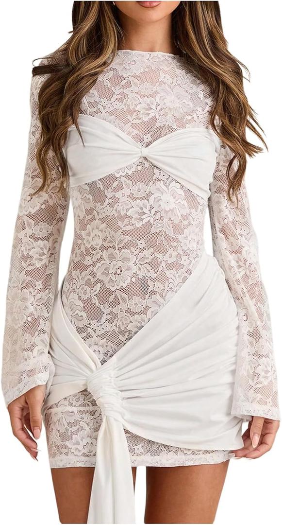 Verdusa Women's Floral Lace Mini Bodycon Dresses Tie Knot Long Sleeve Ruched Date Night Dress (Large, White)