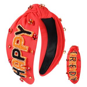 Thanksgiving Fall Headbands for Women Beaded HAPPY TURKEY DAY Hairband Wide Jeweled Crystal Knotted Headband Autumn Fall Thanksgiving Outfits Accessories (Orange)