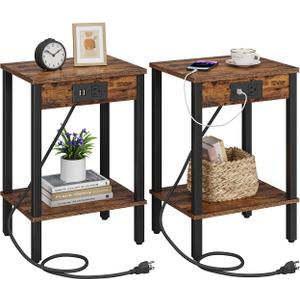 VIMBER Side Table with Charging Station, Set of 2 End Tables with USB Port and Outlets, Nightstands with 2-Tier Storage Shelves, Sofa Table for Small Space, Living Room, Bedroom, Rustic Brown 102F2