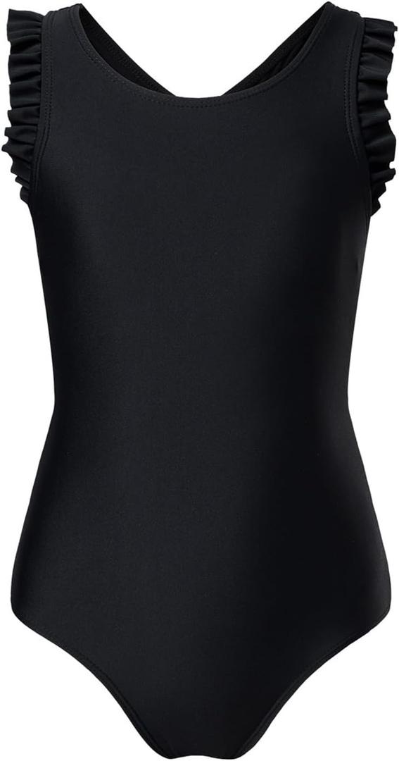 blibean Kid Girls Swimsuit One Piece Ruffle Sleeve Bathing Suits 6-15 Year (Black, XL)