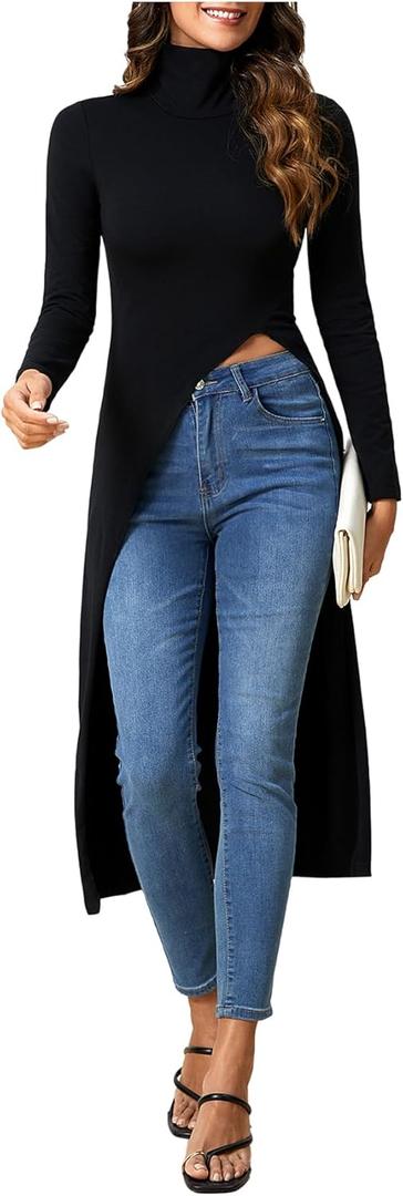 MakeMeChic Women's High Neck Long Sleeve T Shirt Asymmetrical High Low Hem Plain Tee Tops (X-Large, Black)