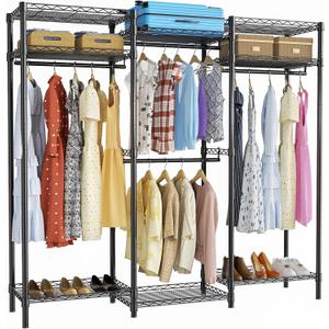 ROOMTEC Portable Closet Heavy Duty Clothes Rack Freestanding Wardrobe Closet Load 1000 LBS with Adjustable Wire Shelves, Hanging Rods, Hooks, 70.8" L x 15.1" W x 76.7" H, Black