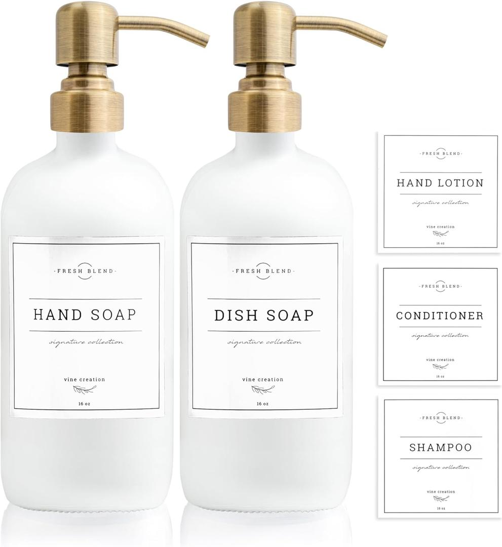 Vine Creations White Glass Soap Dispenser, 2 Pack Kitchen Soap Dispenser Set with Stainless Steel Pump, 16 oz Dish Soap and Hand Soap Dispensers for Bathroom with Waterproof Labels (Matte White Bottle / Brushed Brass Pump) Vine Creations White Glass Soap Dispenser, 2 Pack Kitchen Soap Dispenser Set with Stainless Steel Pump, 16 oz Dish Soap and Hand Soap Dispensers for Bathroom with Waterproof Labels (Matte White Bottle / Brushed Brass Pump)