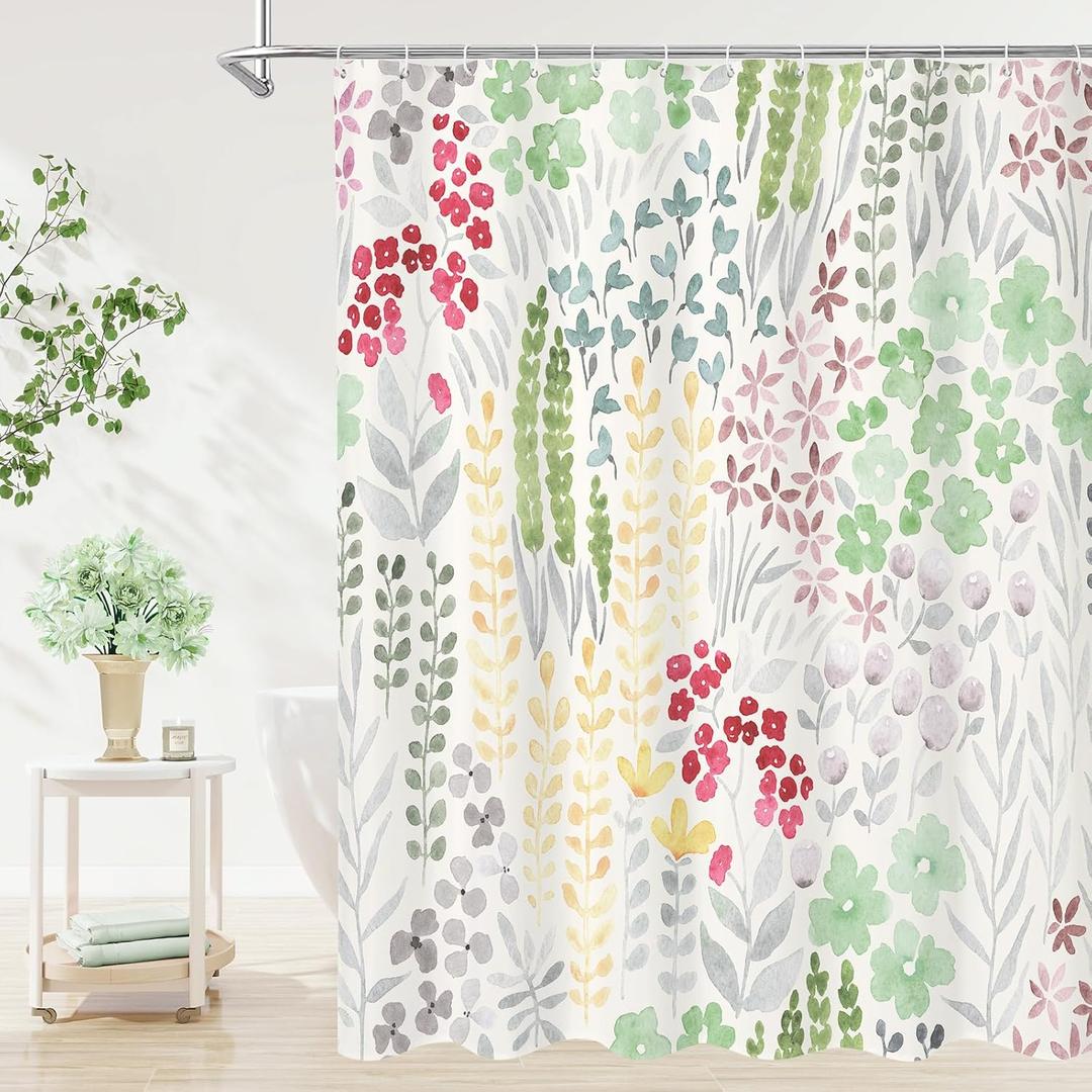 Litabel Cute Colorful Floral Shower Curtain, Boho Sage Flower Shower Curtains for Girls Bathroom Decor, Green Wildflower Trendy Botanical Waterproof Kids Shower Curtain Set with Hooks 72x72 Inch