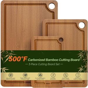 Bamboo Wood Cutting Board for Kitchen Bread Boards 3-Piece Wooden Boards with Juice Grooves, Side Handles