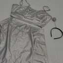 Women Alien Costume Metallic Crop Top Shirt + Holographic Mini Skirt + Martian Headband Rave Outfits Halloween Cosplay (Medium, Holographic Silver (Spaghetti Straps Tops))