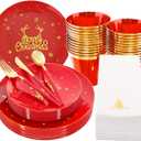 Nervure 175PCS Christmas Plastic Plates - Red and Gold Disposable Plates & Gold Plastic Silverware with Red Handle include 50 Plates 25Knives 25Forks 25Spoons 25Napkins for Christmas Party
