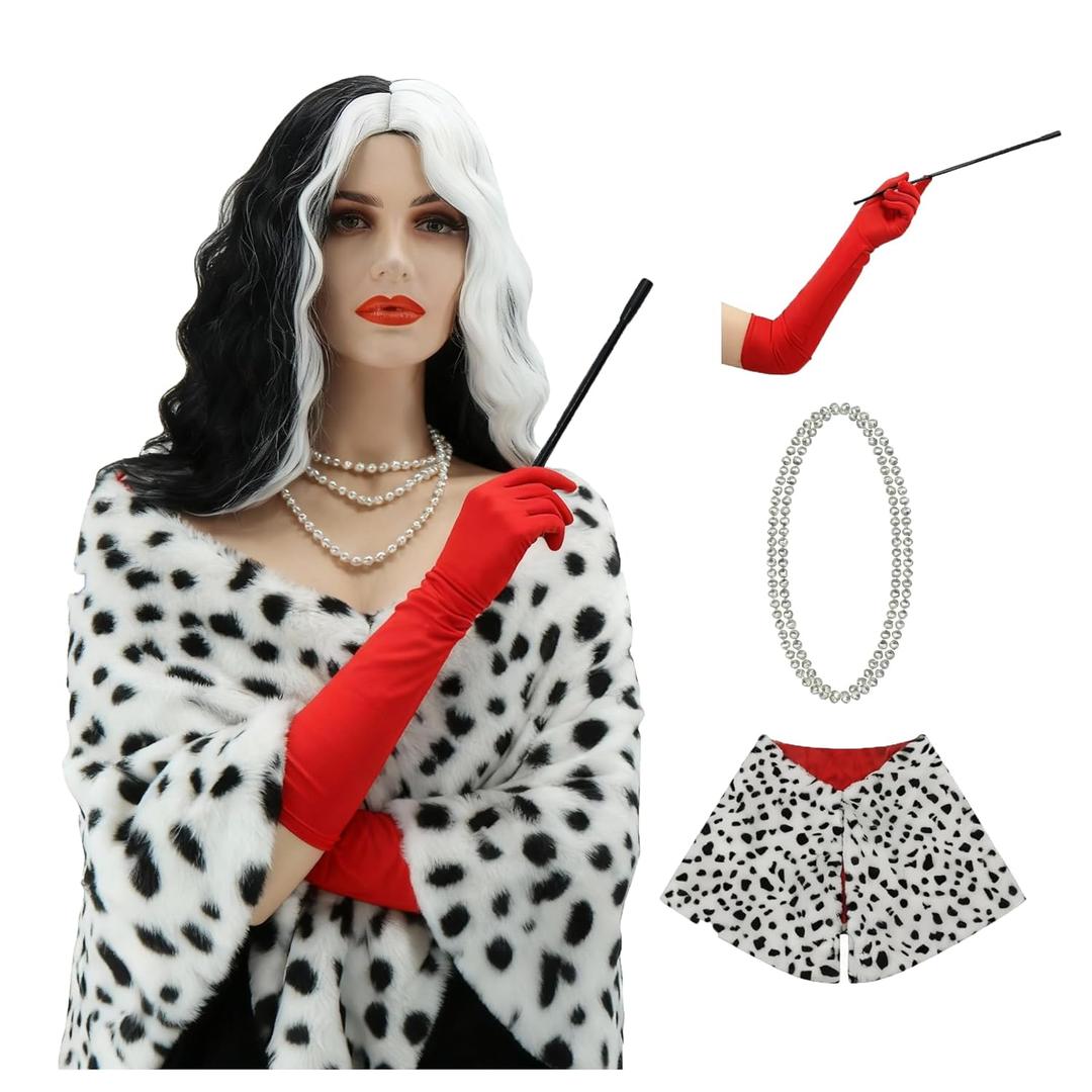 Womens Black and White Curly Costume Wig Halloween Deville Dalmatian Shawl Scarf 1920s Costume Red Glove Pearls Necklace