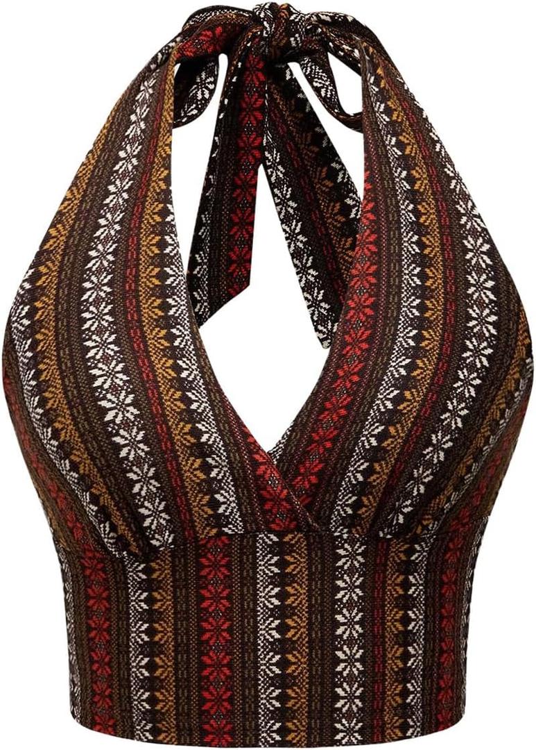 SOLY HUX Women's Boho Summer Halter Crop Tops Sleeveless Backless Tank Top Casual Sexy Going Out Tops (Medium, Brown Printed)