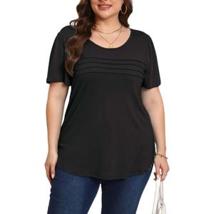 Plus Size Tunic Tops for Women Summer Short Sleeve Crewneck Trendy Pleated Loose Fit T-Shirts Blouses for Leggings Black 3X (XXL)