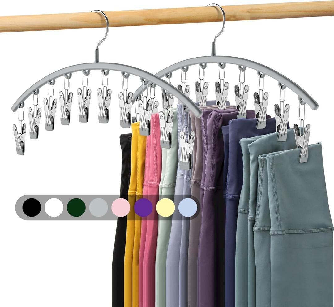 Volnamal Legging Organizer for Closet, Metal Yoga Pants Hanger w/Rubber Coated 2 Pack w/10 Clips Hold 20 Leggings, Hangers Space Saving Hanging Closet Organizer for Closet Organizers and Storage, Grey