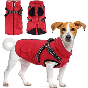 Winter Dog Coat with Harness Built in Waterproof Dog Jackets Warm Pet Fleece Vest Windproof Snow Jacket Snowsuit Reflective Dogs Cold Weather Coats for Puppy Small Medium Large Dogs Cats S