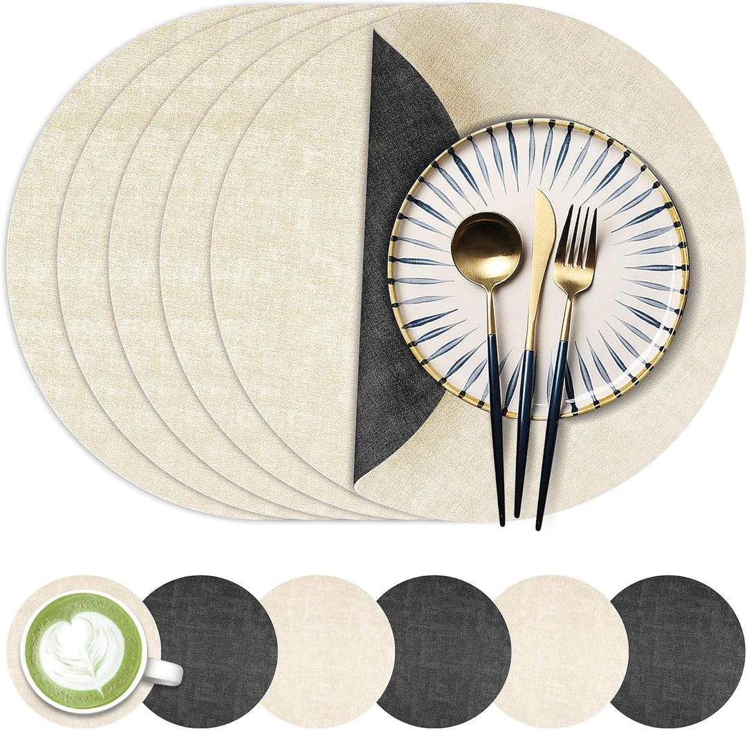 13-Inch Faux Leather Round Placemats Set of 6, Waterproof Anti-Slip Dual Sided Place mats, Heat Resistant Washable Table Mats with Coaster, Suitable for Indoor & Outdoor (6, Black Beige)