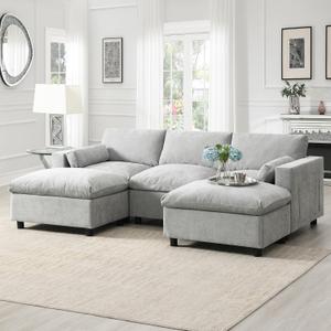 Ball & Cast 86.5" 5-Seat U-Shaped Sectional Sofa with 2 Movable Ottomans, Chenille Modular Cloud Couch Set with 2 Storage Pockets and Pillows, Free Combination for Living Room, Apartment, Medium Grey
