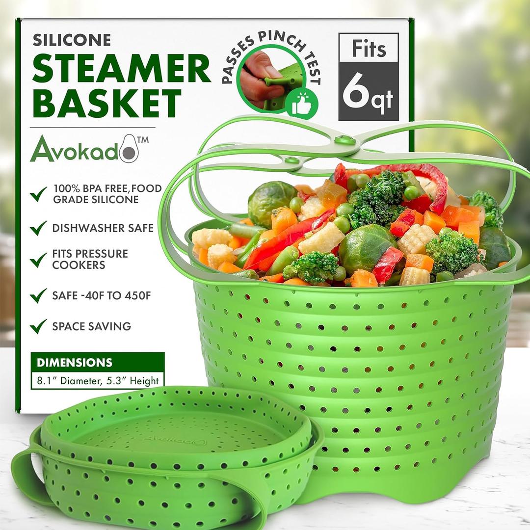 Avokado Silicone Steamer Basket for 6qt Instant Pot [3qt, 8qt avail], Ninja Foodi, Other Pressure Cookers - 100% Food Safe, BPA-Free, Dishwasher Safe Collapsible Vegetable Steamer Basket & Strainer (Green)