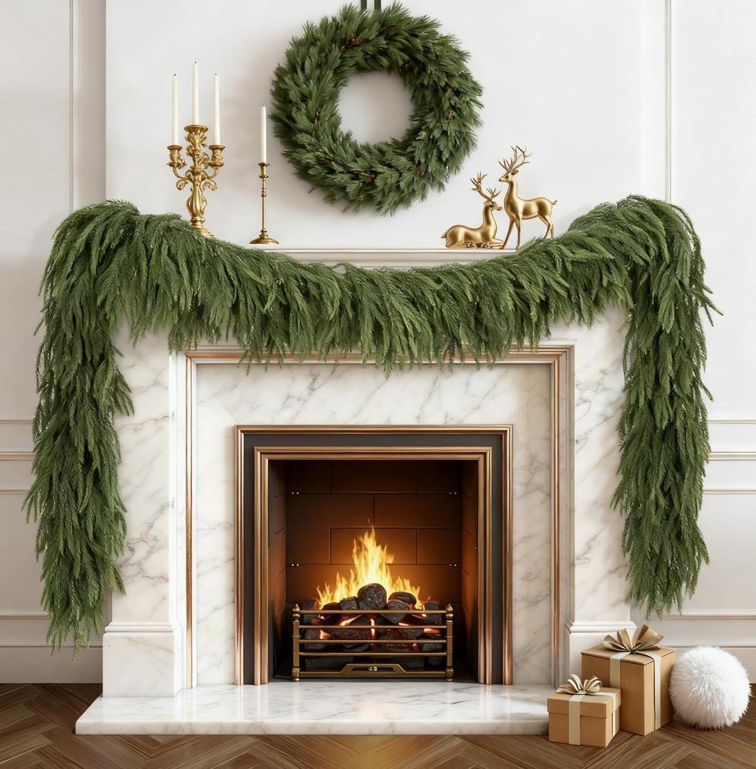 OULONGER 2PCS 6FT Artificial Christmas Norfolk Pine Garlands, Christma Real Touch Winter Pine Garland, Greenery Garland for Table Wall Fireplace Mantle Outdoor Christmas Decoration