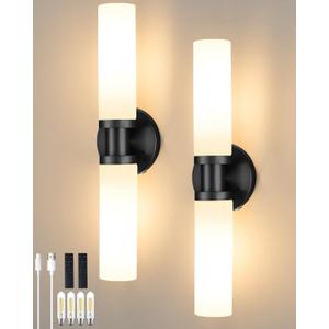 Wireless Battery Operated Wall Sconce Set of 2, Black Easy Install Dimmable Rechargeable Wall Lights with Remote Control, Timer Function for Living Room, Bedroom, Hallway, Stairwell, Entryway 3000K (Black & White Shade)