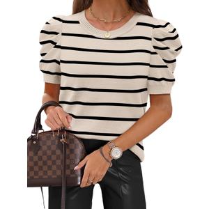 SAMPEEL Short Puff Sleeve Sweaters for Women Knit Tops 2026 Trendy Crewneck Striped T Shirts Casual Summer Blouses (Medium)
