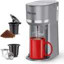 Mini Single Serve Coffee Maker for K Cup and Ground Coffee, Fast Brew One Cup Coffee Machine with Descaling Reminder and Water Window, 6 to 12 oz. Brew Sizes, Grey (9.45 Inches)