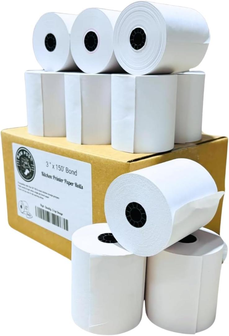 Bright White 3" x 150' 1-Ply Bond Receipt Paper Rolls (12 Rolls) (12 Rolls)