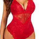 Avidlove Women Snap Crotch Lingerie Sexy Lace Bodysuit Deep V Teddy One Piece Lace Babydoll (Medium, Bright Red, with Snap Crotch)