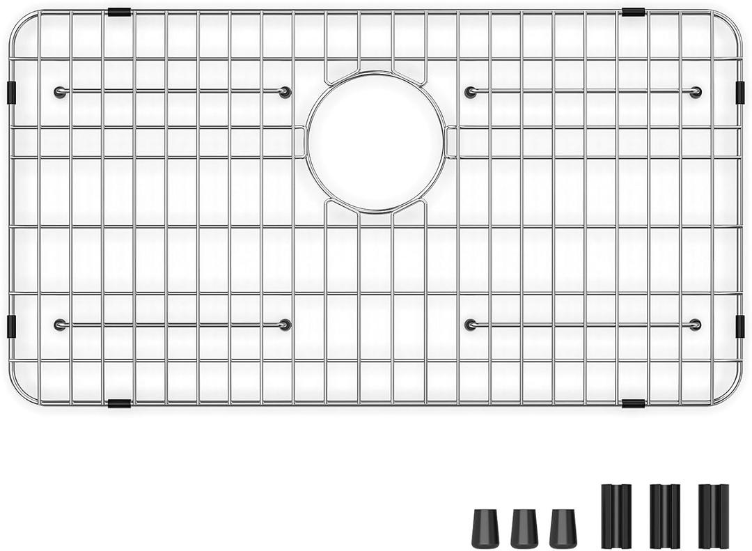 Stainless Steel Sink Grid and Protectors for Bottom of Kitchen Sink, 26" x 14" with Rear Drain for Single Sink Bowl (26" X 14 1/16")
