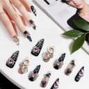 2 x Gothic Press On Nails with Bow & Skull - Handmade Black Pink French Tip Fake Nails | Rhinestone Jelly Glue Reusable 3D Nails for Women (Black Pink, XS)