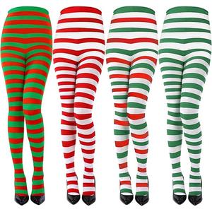 Sumind 4 Pairs Christmas Women Striped Tights Red Green White Striped Stocking Adult Elf Tight Halloween Cosplay Elf Costume, One Size