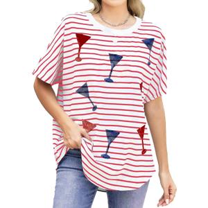 American Flag Stripe Shirts: Women 4th of July Round Neck Short Sleeve Patriotic T-Shirt Independence Day Tops (Medium, Red)