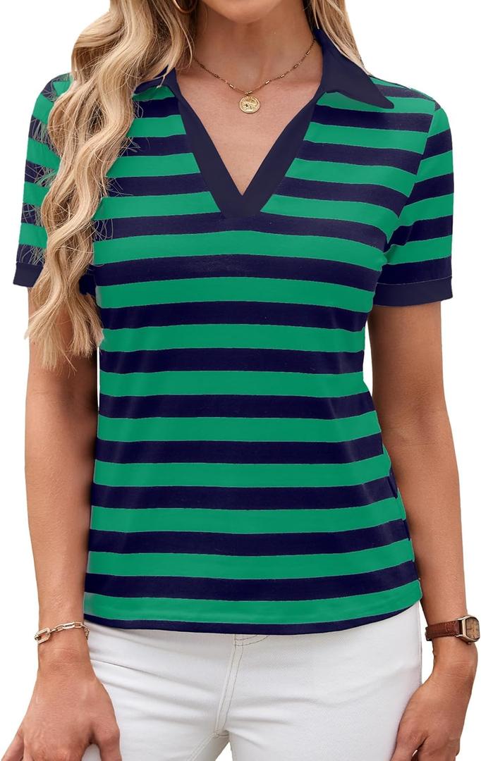 LilyCoco Striped Shirt Women Collared Fitted Short Sleeve Summer Casual T Shirt Green Large