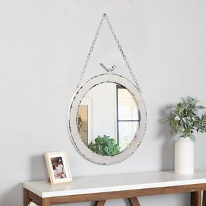 Vintage Large Round Mirrors for Wall Decor 19 Inch, Rustic Distressed White Hanging Mirror with Bird and Iron Chain, Farmhouse Metal Circle Wall Mirrors Decorative for Living Room Entryway