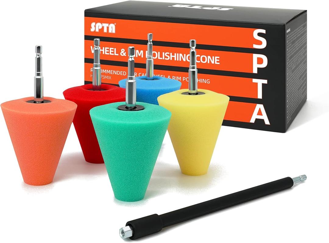 Polishing Cone, SPTA Car Wheel Hub Drill Buffing Sponge Pads Kit, Polishing Ball, 5 Pack Car Buffers and Polishers Kit, Attaches to Standard Household Drill