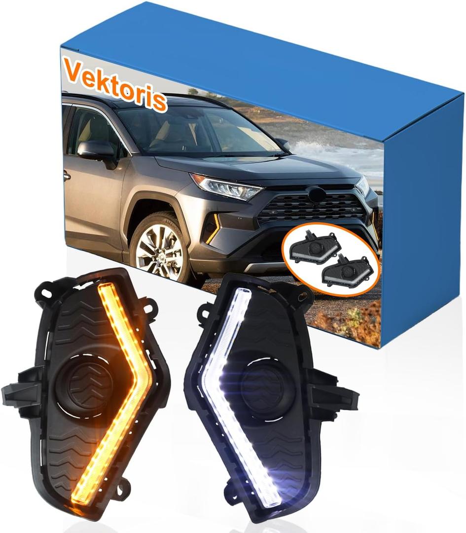 1Pair LED Front Fog Light Bezel for Toyota RAV4 2019-2025 XLE Premium, (L+R) Driving Lamp with Daytime Running Light DRL & Amber Turn Signal, Replaces OEM Part # 52127-0R160, 52128-0R160