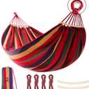 Hammock, Cotton Canvas Hammock Portable Camping Hammock with Carrying Bag Two Anti Roll Balance Beam Metal Carabiner Ropes and Tree StrapsSuit for Indoor,Yard,Camping,Outdoor-Rainbow (Red)