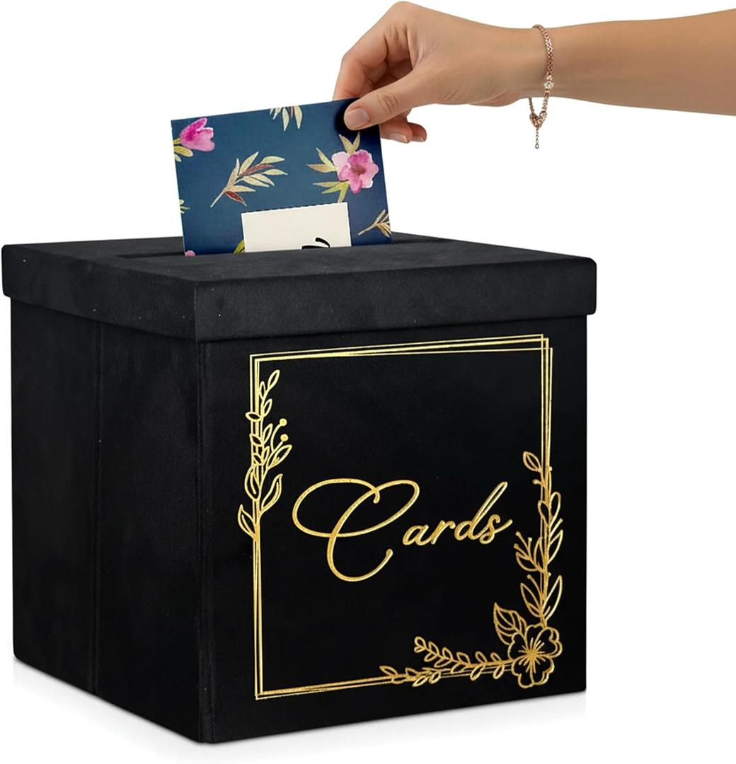 Wedding Card Box - 9" x 9" Black Collapsible Velvet - Covered Design - Cards Box for Wedding Receptions, Birthdays Party, Bridal & Baby Showers, Graduations, Anniversaries - Holding upto 150 Cards