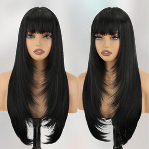 Black Long Straight Layered Wig with Bangs for Women 26 inch Put on Go Realistic Synthetic Heat Resistant Natural Wig for Girls Party Cosplay and Daily Use
