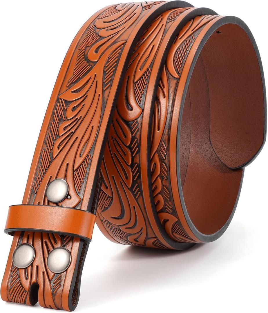 SANSTHS Western Leather Belt Strap for Men, Cowboy Belts without Buckle Cowgirl Western Strap Belt for Jeans Christmas Belts (for 46"-50" Waist, Coffee/Feather)