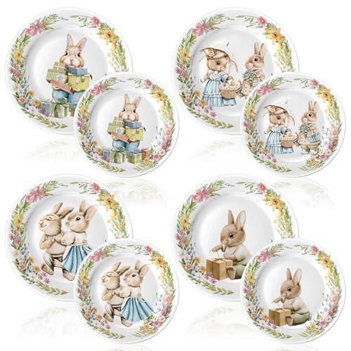 LOYIM 8 Pcs Easter Salad Plates Bunny Plates 8 Inch 10 Inch Easter Dishes Dinnerware Sets Ceramic-like Assorted Designs Spring Rabbit Plate for Dinner Salad Dessert Party Supplies(Cute)