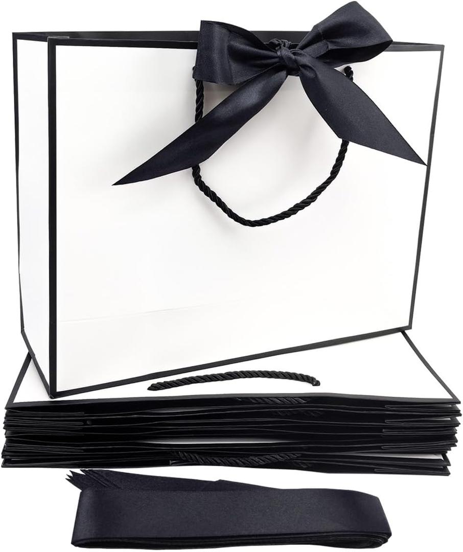 TKSBAG 12PCS Gift Bags Medium Size with Handles, 12.5 x 9.8 x 4.3 In White Black Thank You Bags with Bow Ribbon for Wedding, Birthday, bridesmaid, Groomsmen, Party Favors, Fathers' Day, 1 Count