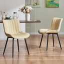 YOUNUOKE Mid-Century Modern Dining Chairs Set of 2, Beige PU Leather Upholstered Kitchen Chairs with Black Metal Legs, Armless Accent Chair for Dining Room, Guest Reception Room