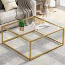 Glass Coffee Table, Small Square Coffee Table for Living Room,Simple Modern Center Tables for Small Spaces, Gold Living Room Tea Tables Easy Assembly,26 * 26inGold & Clear Glass