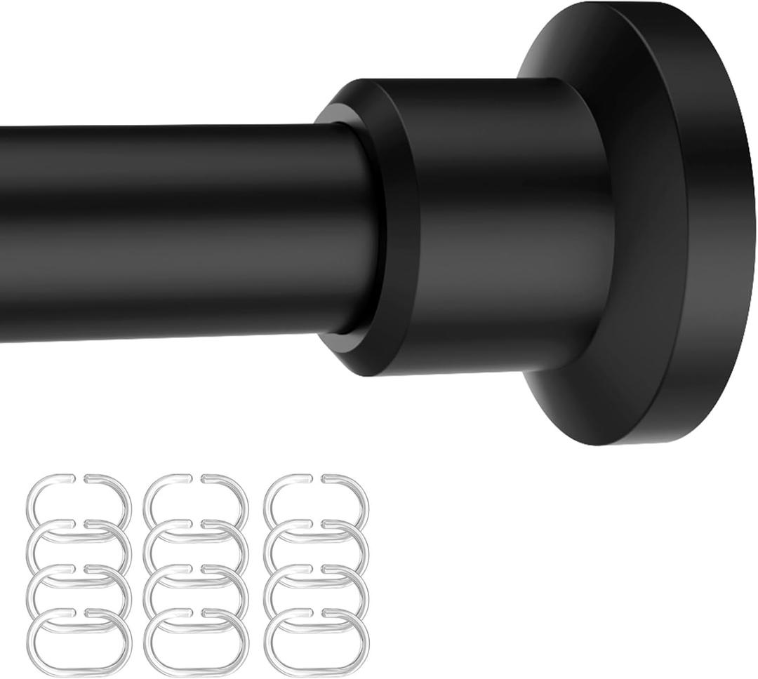 Shower Curtain Rod Tension Rods with 12 Hooks Rings Adjustable Spring Tension Curtain Rod No Drill Matte Black Shower Curtain Rod for Bathroom Kitchen Closet 31 to 80 Inch