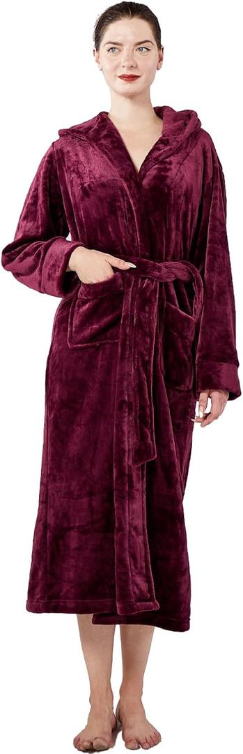 Womens Fleece Hooded Fluffy Bathrobe Plush Long soft cozy Winner Warm fuzzy Spa Robe with deep pockets (Large, Red)