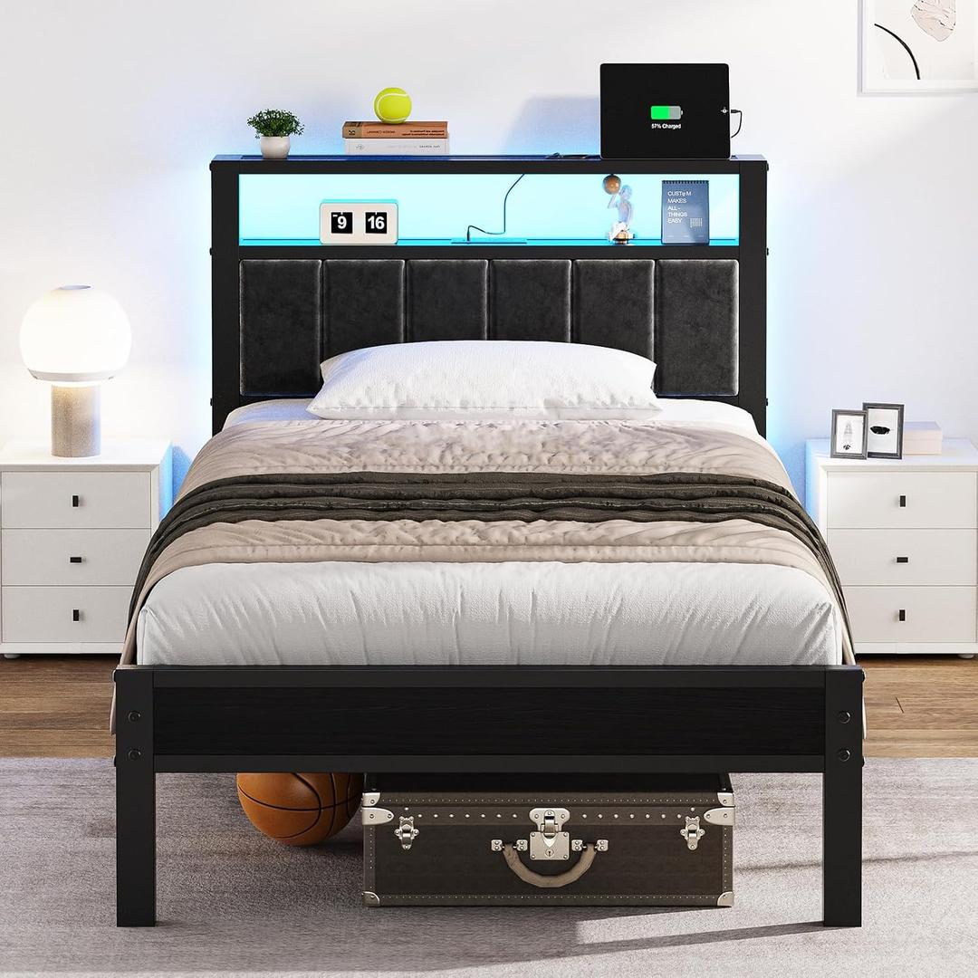 OLEVS Twin Bed Frame with LED Lights & USB Outlets, Platform Twin Bed with Storage Headboard, No Box Spring Needed, Easy Assembly