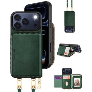OCASE Compatible with iPhone 17 Pro Max Crossbody Wallet Case with Card Holder, PU Leather Zipper Handbag Phone Purse with RFID Blocking Kickstand Wrist Strap Lanyard 6.9 Inch, Blackish Green