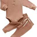 Newborn Baby Boy Girl Clothes Ribbed Knitted Cotton Long Sleeve Romper Long Pants Solid Color Fall Winter Outfits (0-3 Months)