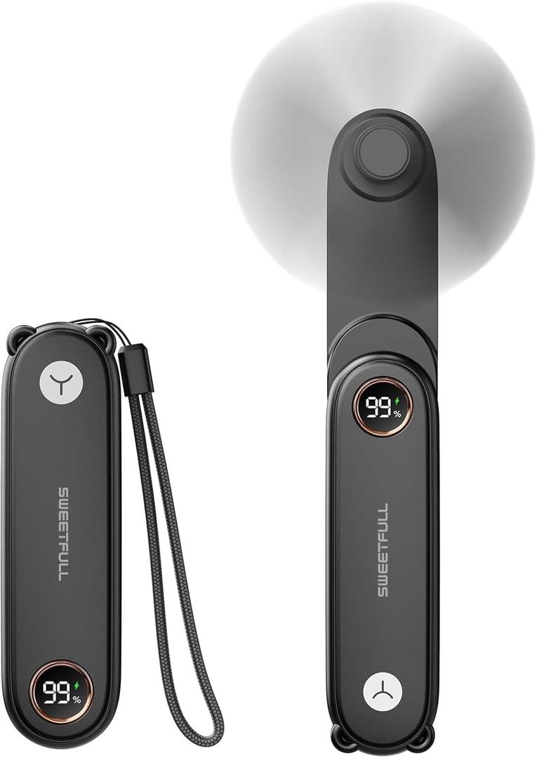 SWEETFULL Portable Handheld Mini Fan with LED Display, 3-in-1 Personal Foldable USB Rechargeable Hand Held Fan & Flashlight for Travel, Lash Eyelash, Cute Small Pocket for Women, Girls (Black)