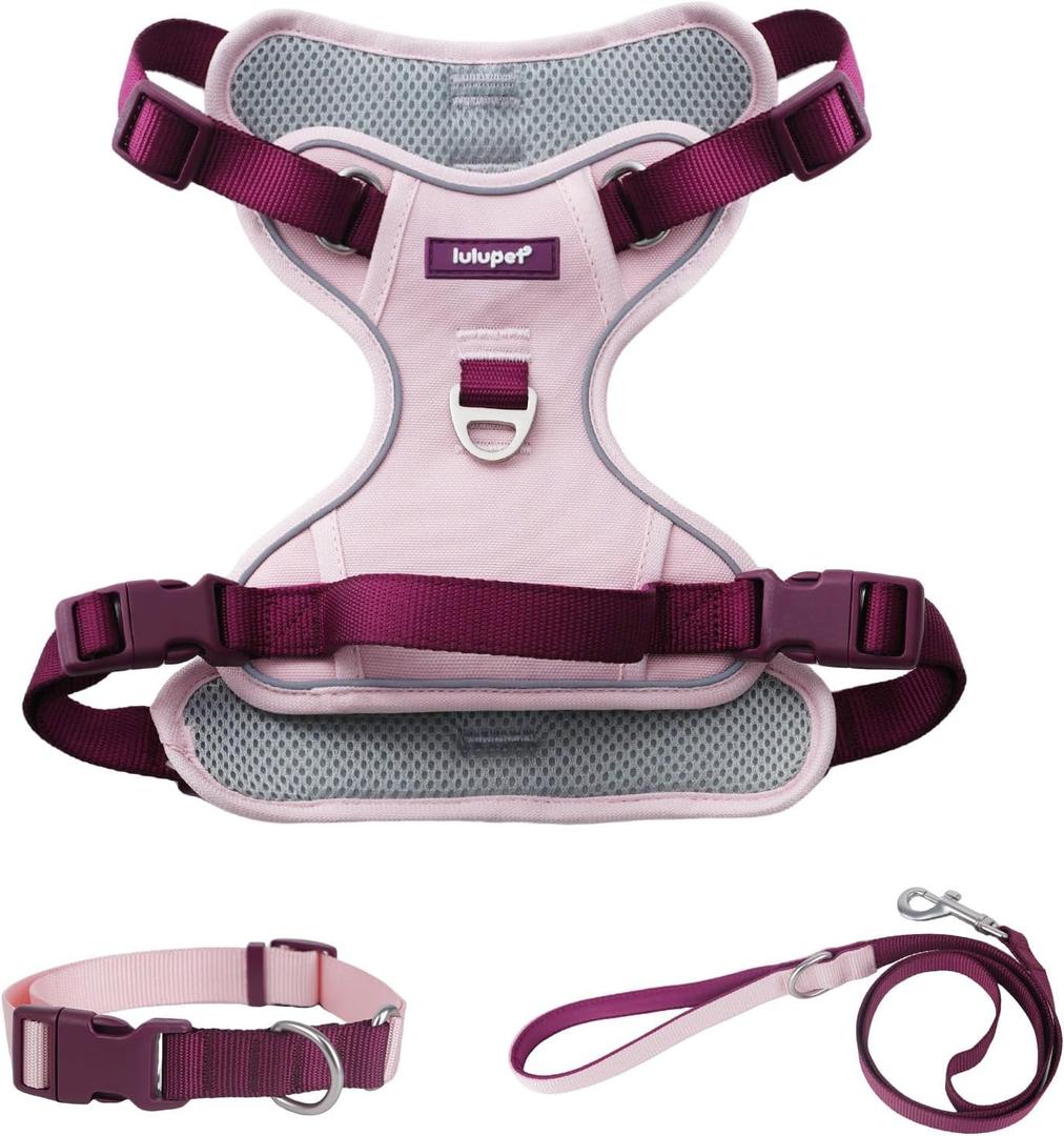 Pink Dog Harness Leash Collar Set, No Pull Reflective Dog Vest Harness with Control Handle, Adjustable Breathable Pet Harness for Dogs Walking Training (S(Neck:15.7-20.5",Chest:18.9-23.6") 22-43 lbs)