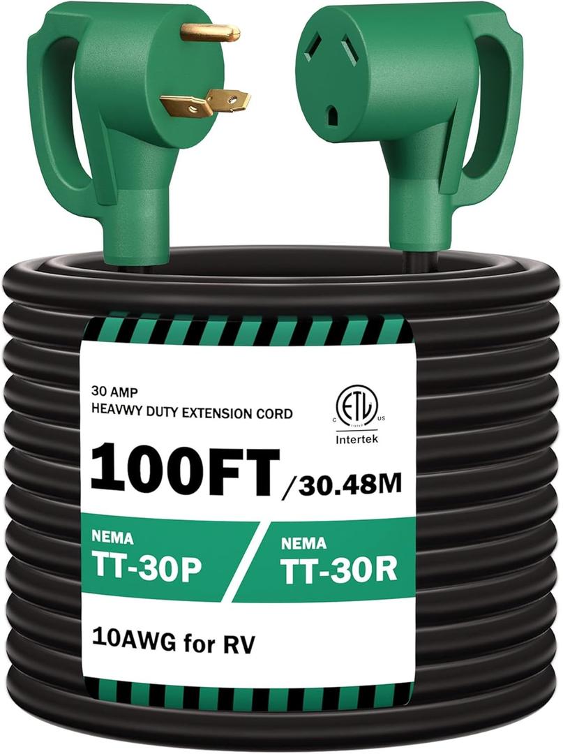 STRIGHT 100FT RV Extension Cord 30 Amp, RV Power Extension Cord NEMA TT-30P Male to TT-30R Female Heavy Duty 10 AWG STW 3-Wire for RV Trailer Campers 125V, 3750W, ETL Listed (100FT 30AMP), Green Plug